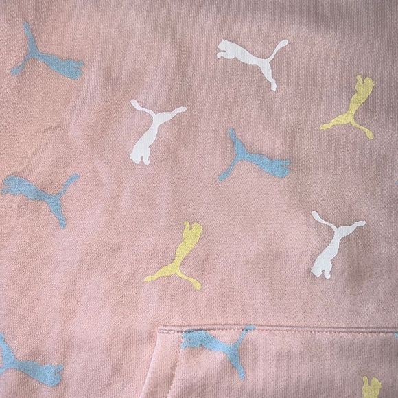 PUMA Youth Hoodie Sweatshirt Pink W/Yellow Blue White Cat Logo All Over NWT Kids - Picture 2 of 11